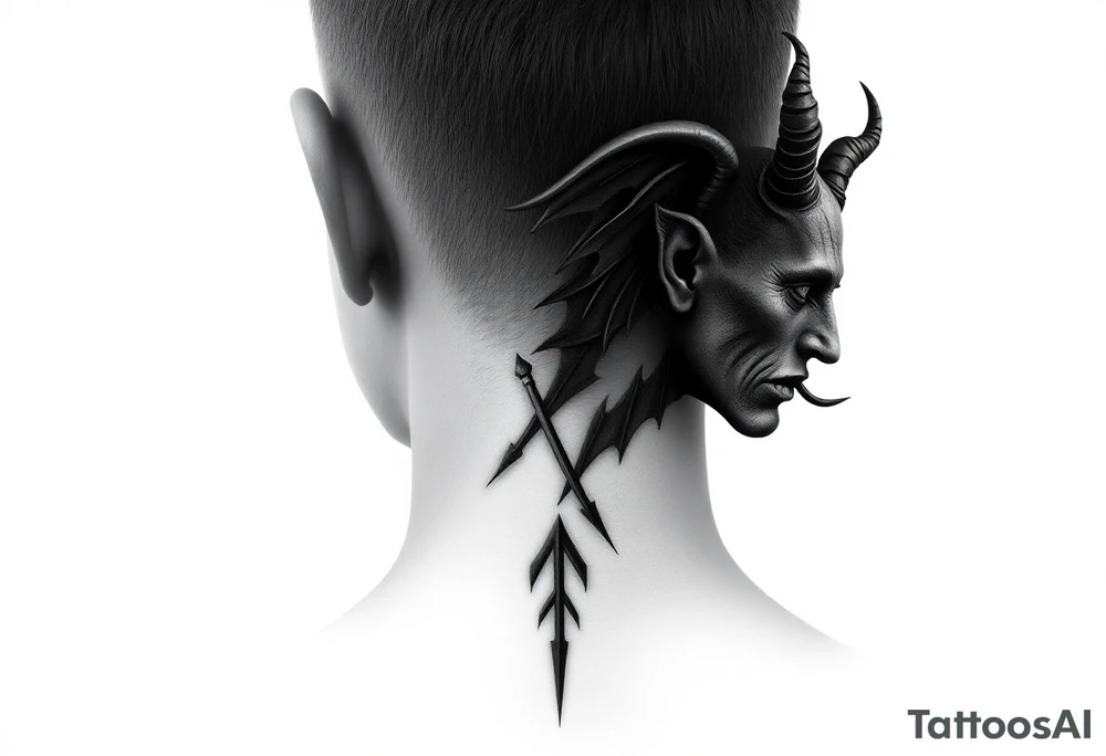 position behind the neck Angel (on the right) whispering in the right ear, demon (on the left) whispering in the left ear. It must be as realistic as possible. tattoo idea