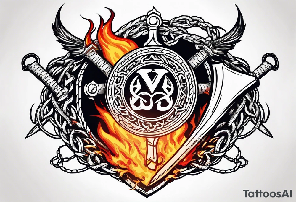 Valhalla sword shield dragon axe Valknut barbed wire chains fire tattoo idea