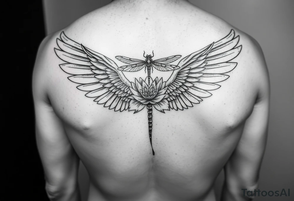Angel wing that will stretch midway down bicep with a floral waterlily and dragonfly design above it tattoo idea