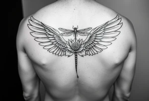 Angel wing that will stretch midway down bicep with a floral waterlily and dragonfly design above it tattoo idea