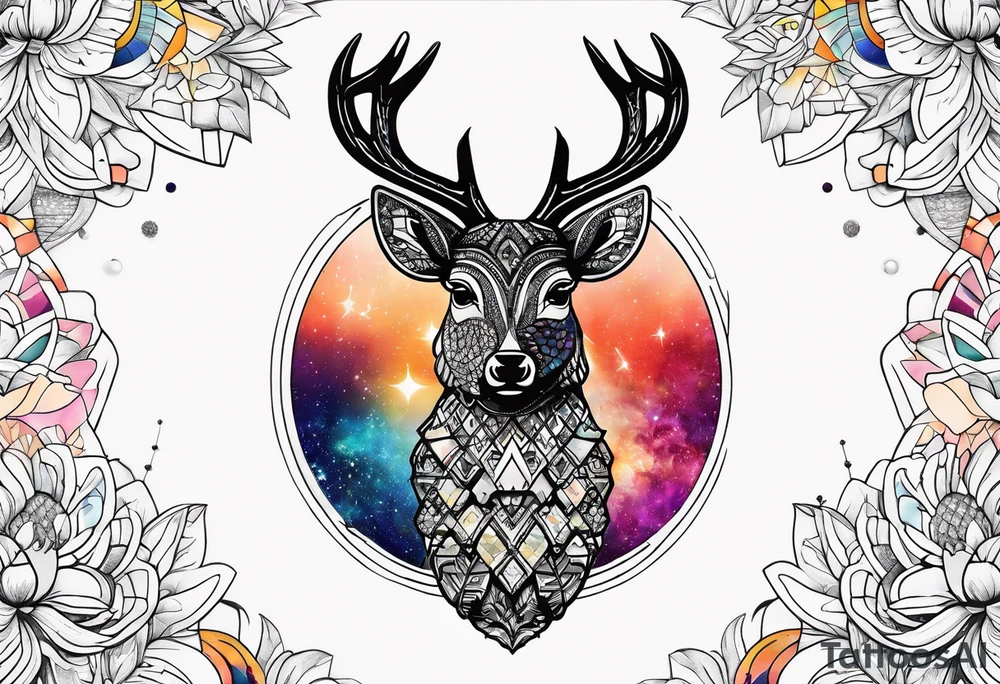 Stag in Amsterdam featuring colours of the universe and galaxies and amsterdam in the shape of a pineapple tattoo idea