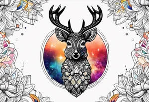 Stag in Amsterdam featuring colours of the universe and galaxies and amsterdam in the shape of a pineapple tattoo idea