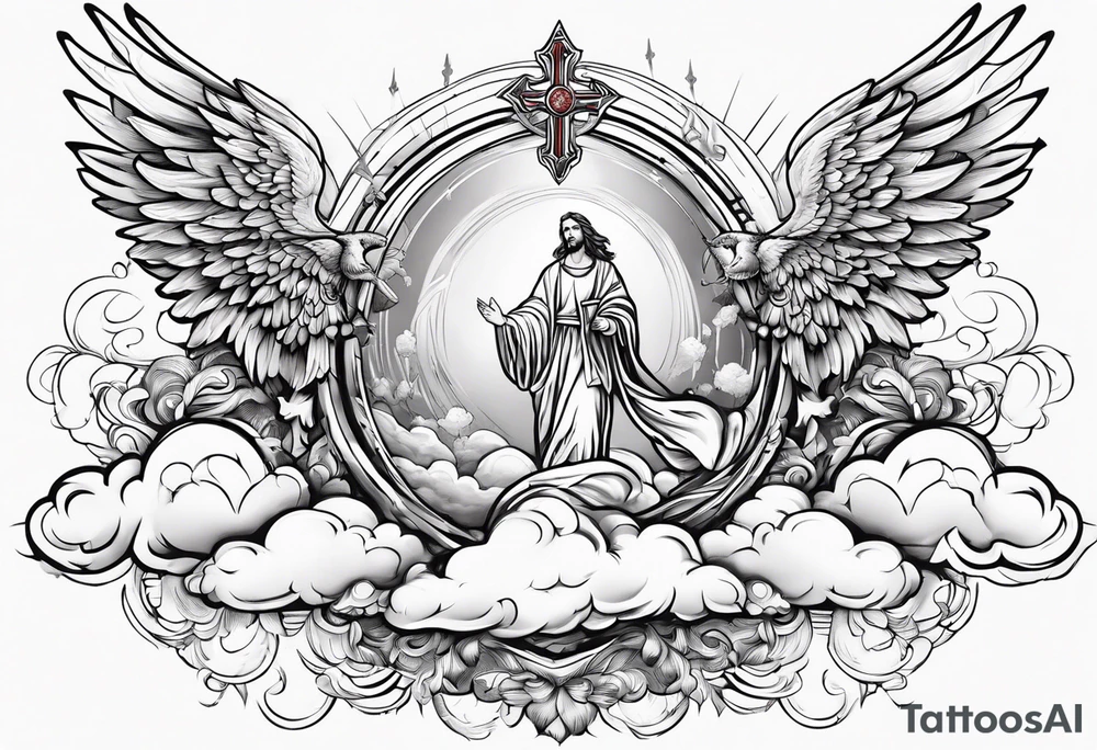 Clouds with angels in them and Jesus below with a thorncrown and a red blood tear tattoo idea