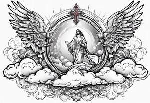 Clouds with angels in them and Jesus below with a thorncrown and a red blood tear tattoo idea