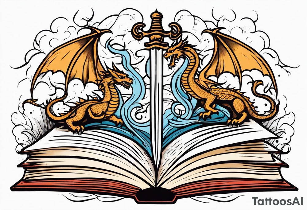 an open book with a sword through it, dragons and sparks surrounding the book. small design tattoo idea