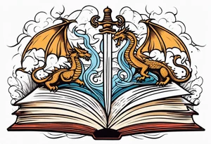 an open book with a sword through it, dragons and sparks surrounding the book. small design tattoo idea