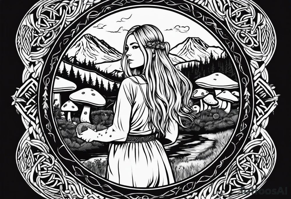 Whole picture encircled fully

Straight long blonde hair hippie girl in distance holding mushrooms in hand facing away toward mountains and creek surrounded by mushrooms long sleeve shirt and hiking pants; whole rendering within a full celtic circle, no cut off circle tattoo idea