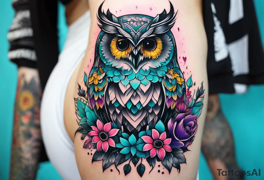 Leg Sleeve with black and white owl that's lightly shaded teal, pink and purple and yellow sunflowers tattoo idea