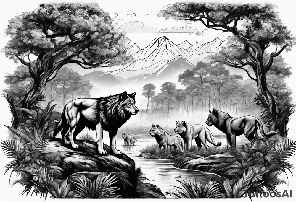 wolf pack and lion pack in the jungle far away walking towards a tree tattoo idea