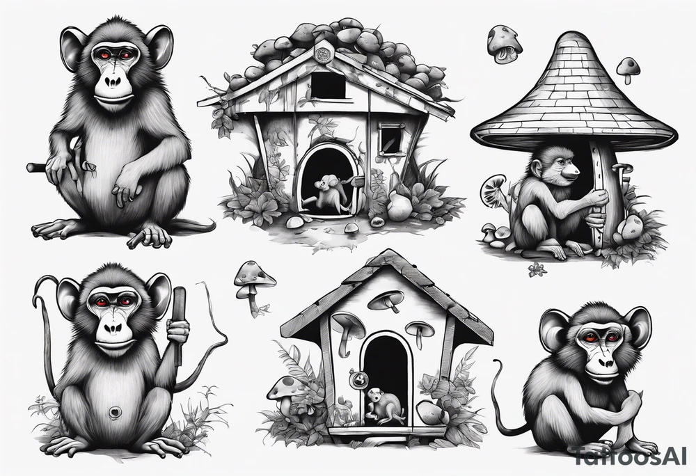 a baboon in a playhouse with mice and mushrooms tattoo idea