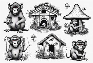 a baboon in a playhouse with mice and mushrooms tattoo idea