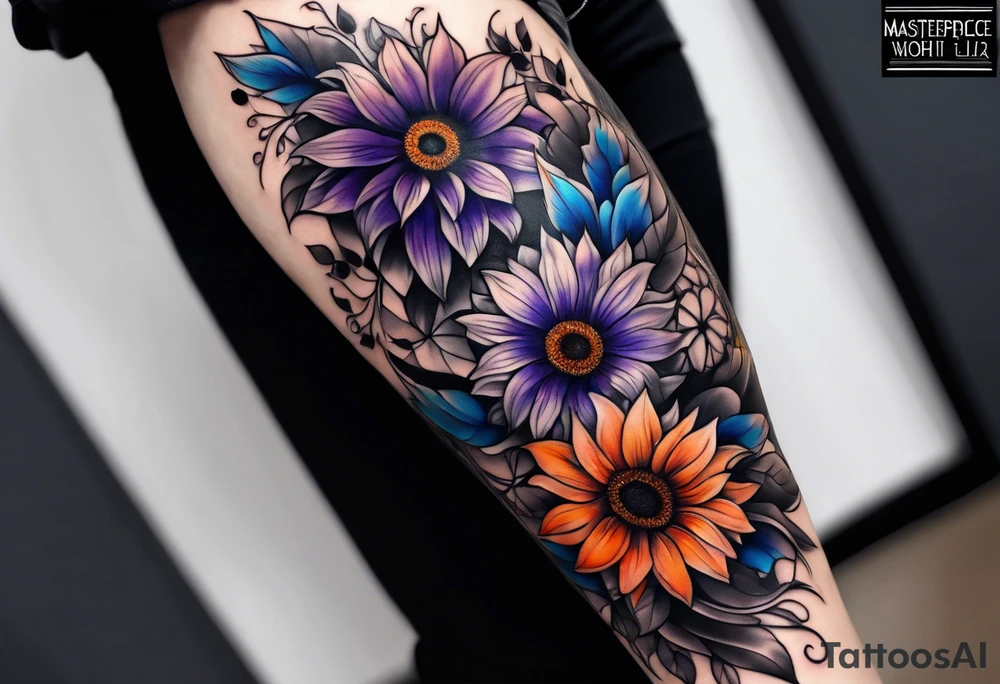 Full leg sleeve with purple, orange and blue sunflowers tattoo idea