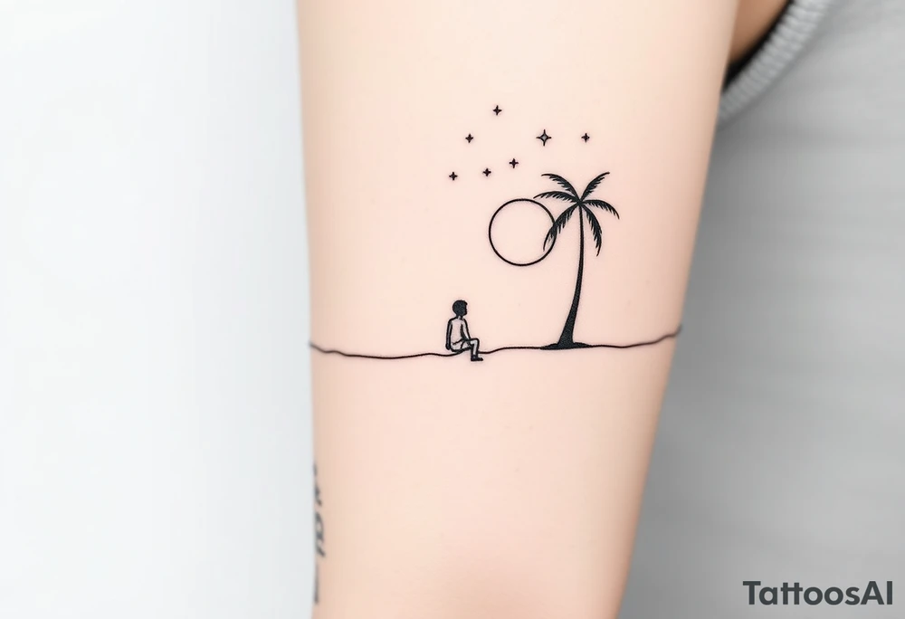 Create a minimalist tattoo design that wraps around the upper right arm, just below the armpit and above an existing blackwork sleeve.

Design Flow:

The tattoo is connected by a thin, continuous line that wraps around the arm.

On the outer/front arm, place a small, minimal walking figure on the line, moving forward. The line should have a gentle wave under his steps to create movement.

The line continues to the inner arm, where a boy is sitting on the line (with his back to the viewer, legs dangling below the line).

To the right of the boy, place a slightly leaning palm tree growing from the line.

Behind or beside the tree, include a minimal sun, low on the horizon (simple circle or half-sun).

In the space above, softly scatter minimalist stars, mostly dots, with 2–3 sparkles or tiny diamond shapes.

Style Notes:

Keep everything in fine line / minimalist style, no heavy shading

Design should feel light, dreamy, and reflective — symbolizing balance between stillness and motion

Line should echo the flow of the existing tribal/blackwork arm band below, but not mimic or clash with it

The boy should sit under the palm and with the back to the viewer tattoo idea