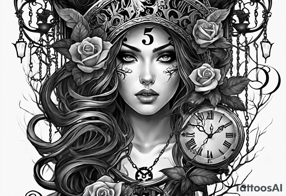 tattoo fool sleeve, tree roots break out of the chains, broken mask, clock with flying numbers, girl, skull, roses tattoo idea