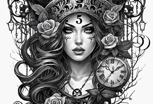 tattoo fool sleeve, tree roots break out of the chains, broken mask, clock with flying numbers, girl, skull, roses tattoo idea