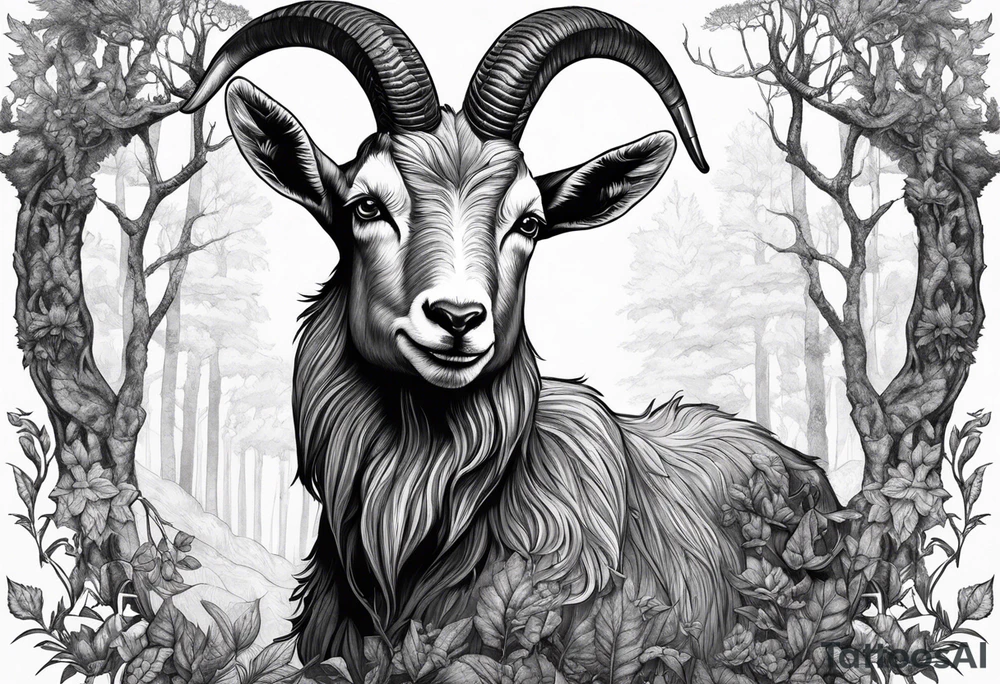 Satanic goat with horns (full body) in a forest tattoo idea