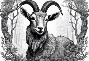 Satanic goat with horns  (full body) in a forest tattoo idea