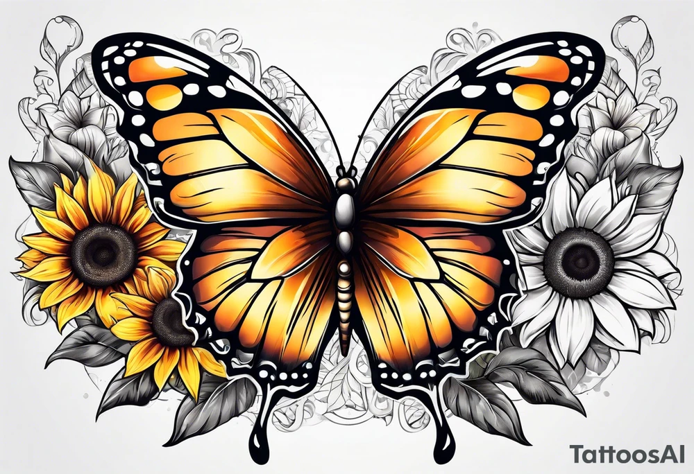 Sunflower and butterfly leg sleeve tattoo idea