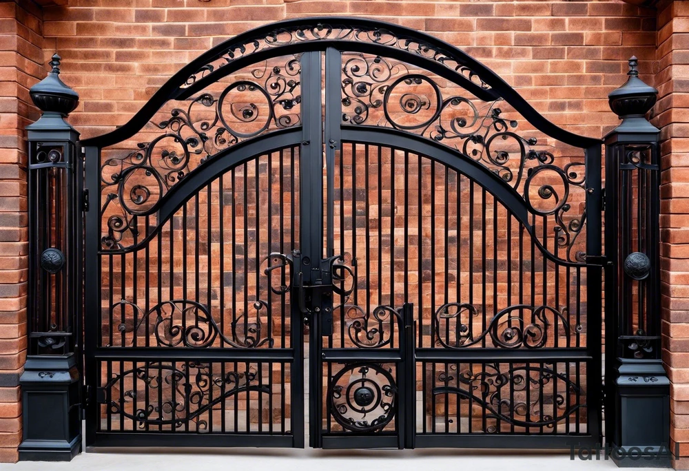 This image depicts an arched gate made of intricately designed wrought iron. The gate has swirling patterns, with the iron bars curving elegantly in various directions, forming loops and curves. The gate is set within a brick frame, with the bricks having a weathered, slightly irregular appearance. The bricks are painted in a gradient of colors, primarily shades of red and pink, transitioning into some hints of green and blue, especially around the edges.

Behind the gate, there’s a pathway made of bricks that leads into a lush garden. The garden is full of greenery, with trees and plants visible in the background. The image has a slightly surreal and artistic quality, possibly due to some paint or texture effects applied to it, giving it a dreamy and almost watercolor-like appearance. tattoo idea