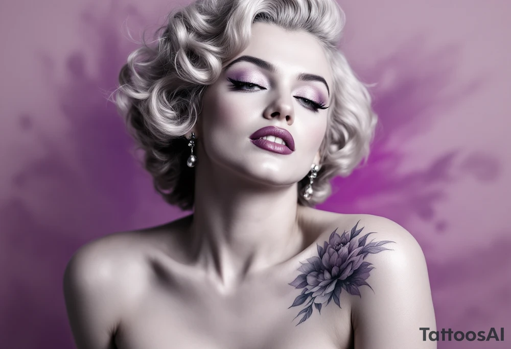 Glamour Marilyn Monroe shot in black and white with a soft purple gradient behind her head. tattoo idea