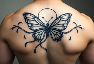 ethereal butterfly with flowing silk ribbons in moonlight with panther tattoo idea