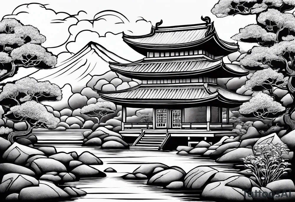 Craft a tattoo showcasing a Zen garden with elements like rocks, sand, and bonsai trees, incorporating religious symbols subtly into the landscape. tattoo idea