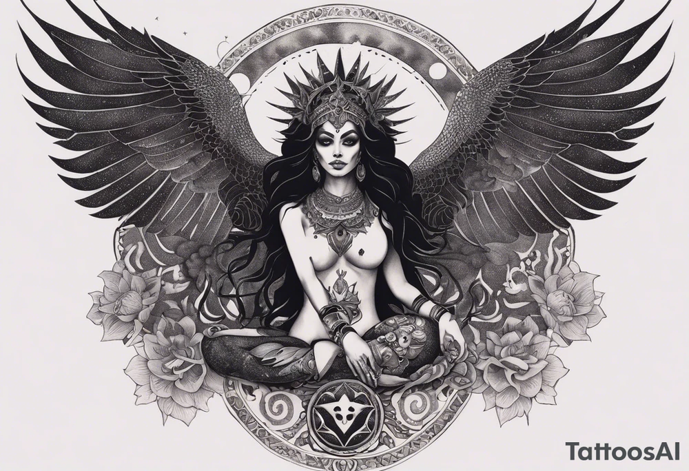 black kali, goddess pirate, alien, angel, pachamama, valkrye, warrior, flying, skull, lotus azul, wing, eagle, zenza resonance, stars, 5D, anahata chakra, death, durga, riding on a tiger, flying lady, chest tatoo tattoo idea