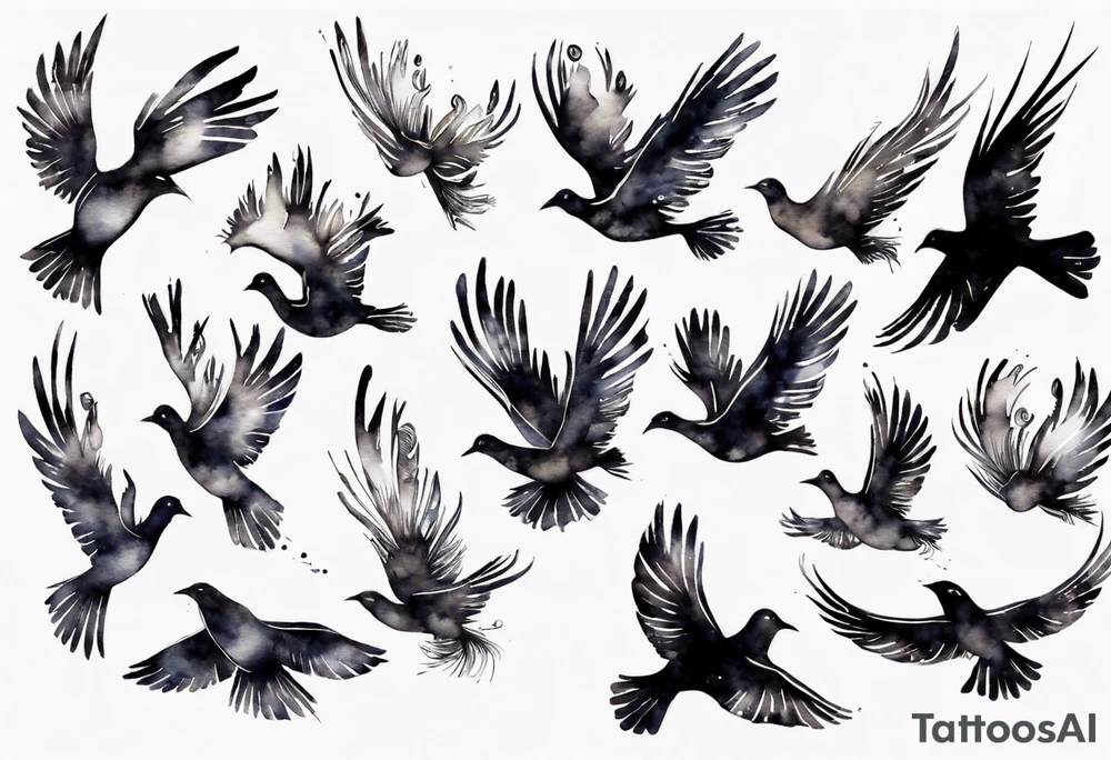 a flock of birds flying into the distance leaving feathers behind tattoo idea