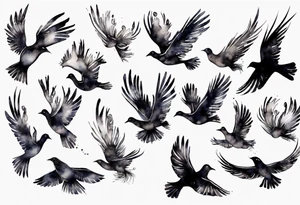 a flock of birds flying into the distance leaving feathers behind tattoo idea