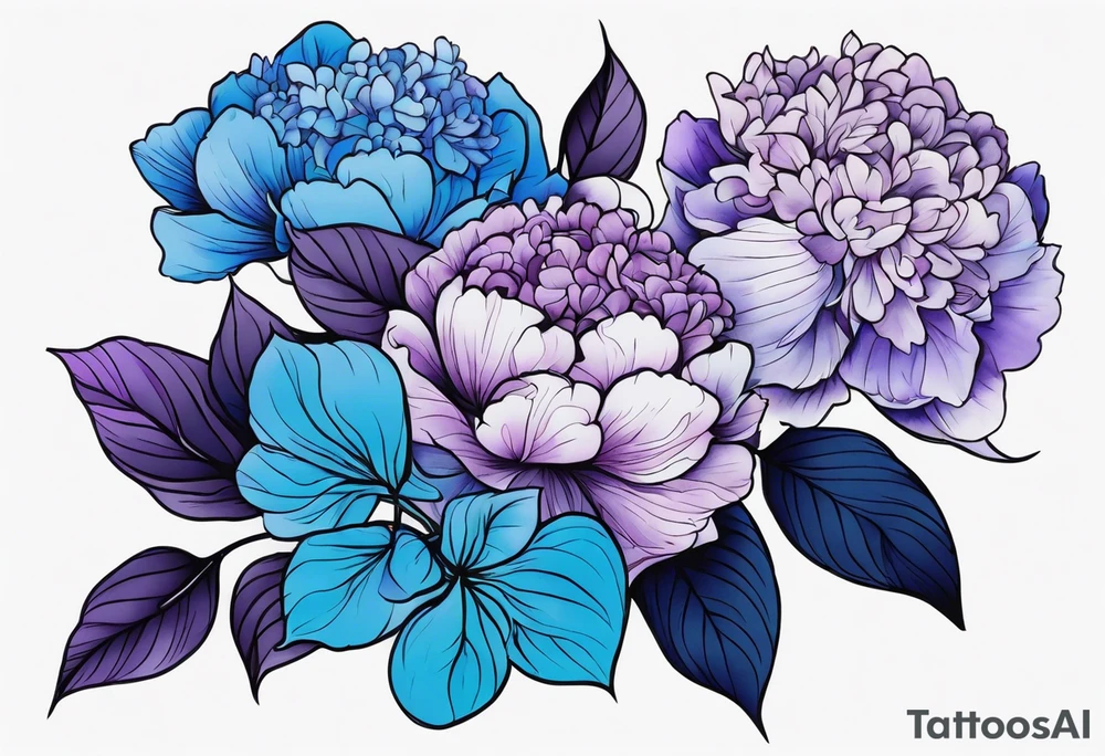 Blue and purple hydrangeas with peonies tattoo idea