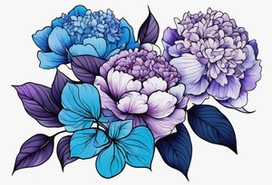 Blue and purple hydrangeas with peonies tattoo idea