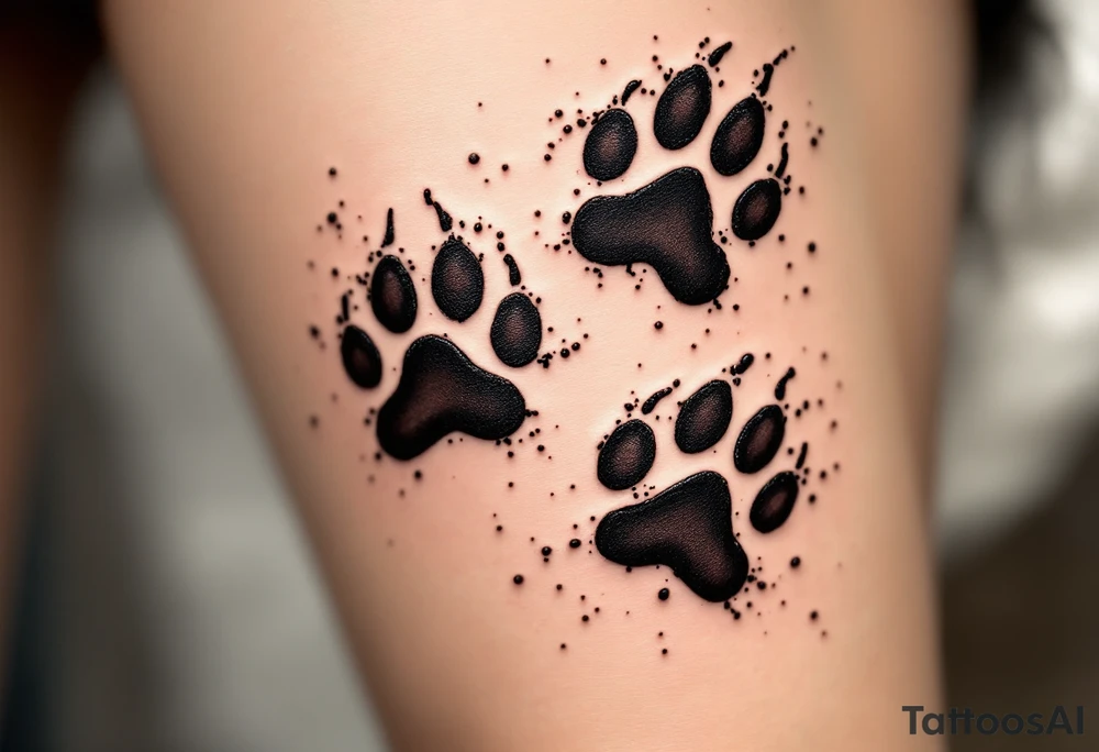 Realistic Muddy Paw Prints – Highly detailed paw marks in earthy brown tones, as if freshly stepped in mud, stamped across the skin with realism. tattoo idea