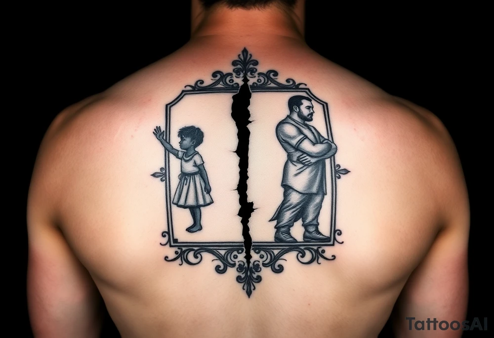 Ornate mirror tattoo with visible crack down the middle, left side reflects small child reaching upward with hopeful gesture, right side reflects strong stoic adult figure, both are silhouettes or semi-abstract figures, geometric frame design, black and grey tattoo, shading shows the transformation between the two selves, upper arm placement, symbolic transformation piece tattoo idea