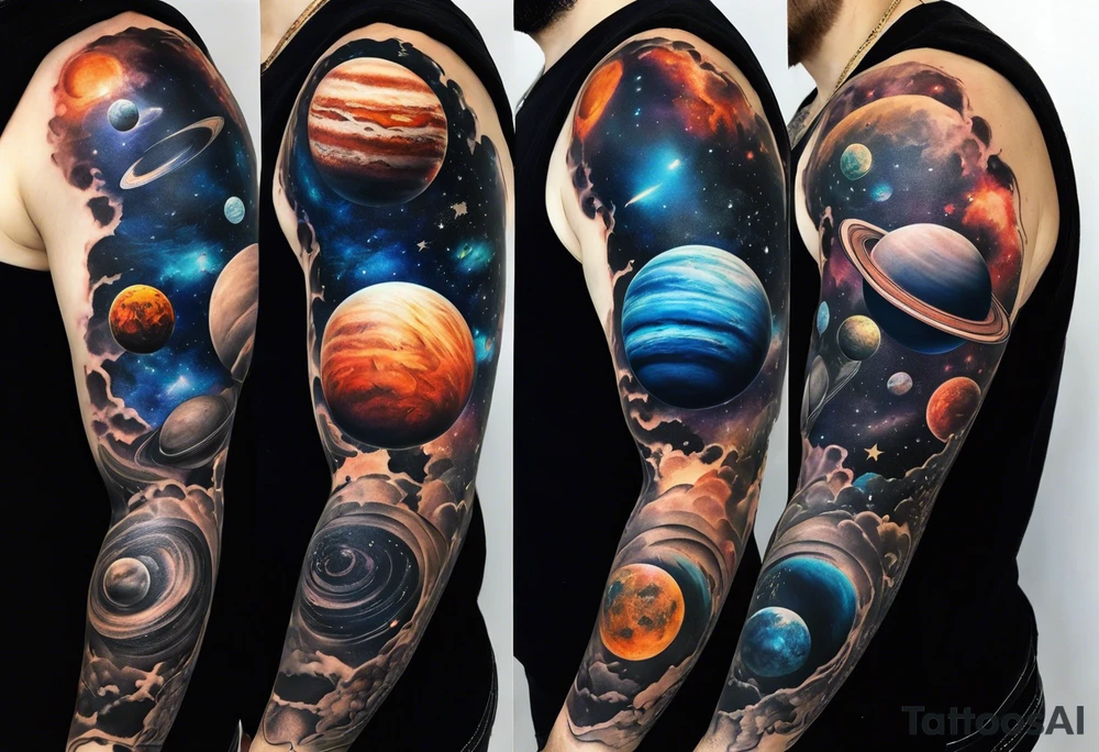 Sleeve tattoo of planets orbiting a supermassive black hole. tattoo idea