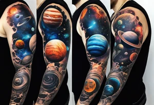 Sleeve tattoo of planets orbiting a supermassive black hole. tattoo idea