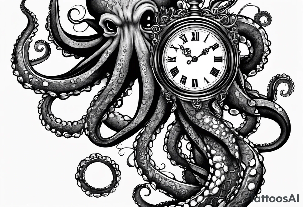 to be drawn in the arm, pocket watch wrapped under an aggressive octopus in side view tattoo idea