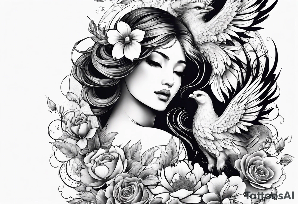 Sleeve with blind Themis and Phoenix with flowers tattoo idea