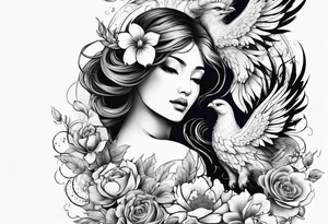Sleeve with blind Themis and Phoenix with flowers tattoo idea