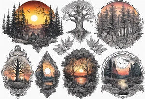 sunset in the forrest, detailed, ornament, stunning, high quality, intricate, ultra realistic tattoo idea