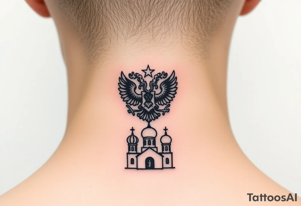 Stacked Vertical Column 

Russian star — small, bold
Middle: Miniature double-headed eagle — simplified, cleaner lines to suit the smaller space
Bottom: Orthodox church dome(s) with a small Virgin Mary silhouette beneath tattoo idea