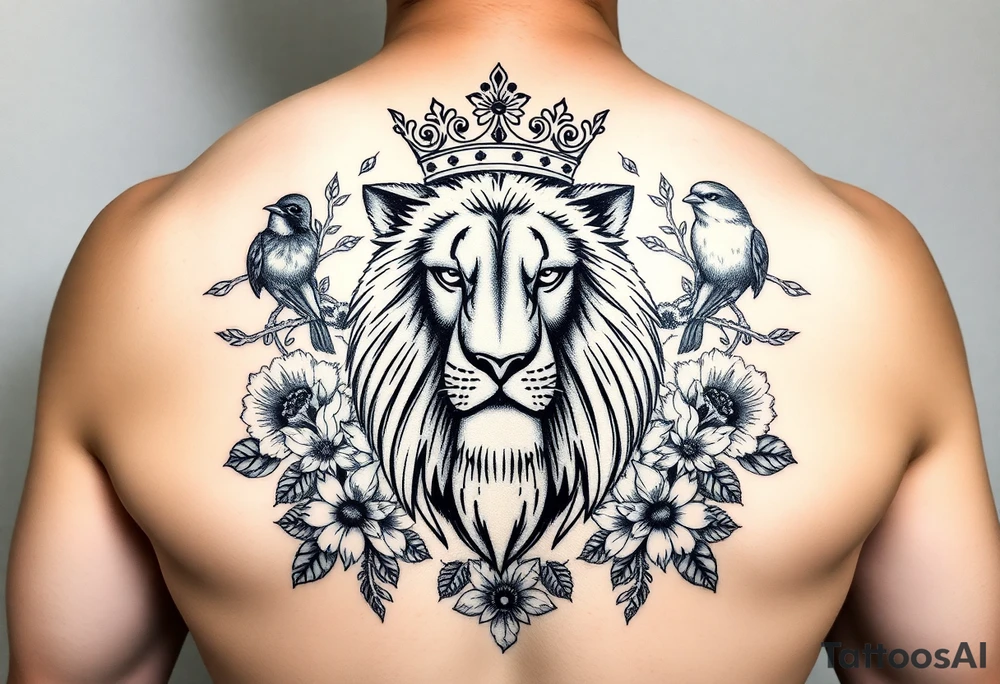 powerful majestic lion with a crown, surrounded by floral ornaments and birds tattoo idea