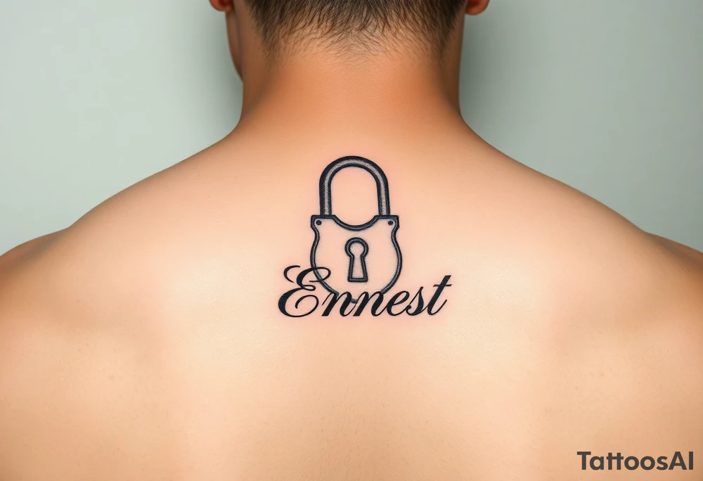Romantic inner arm tattoo of a lock with husband name Ernest tattoo idea