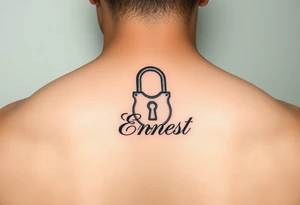 Romantic inner arm tattoo of a lock with husband name Ernest tattoo idea