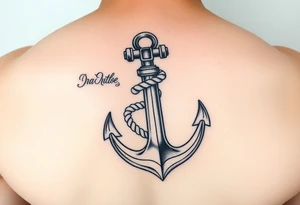 weathered anchor wrapped in nautical rope with sea waves tattoo idea