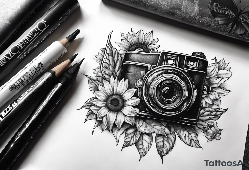 Butterfly, sunflower, camera, book tattoo idea