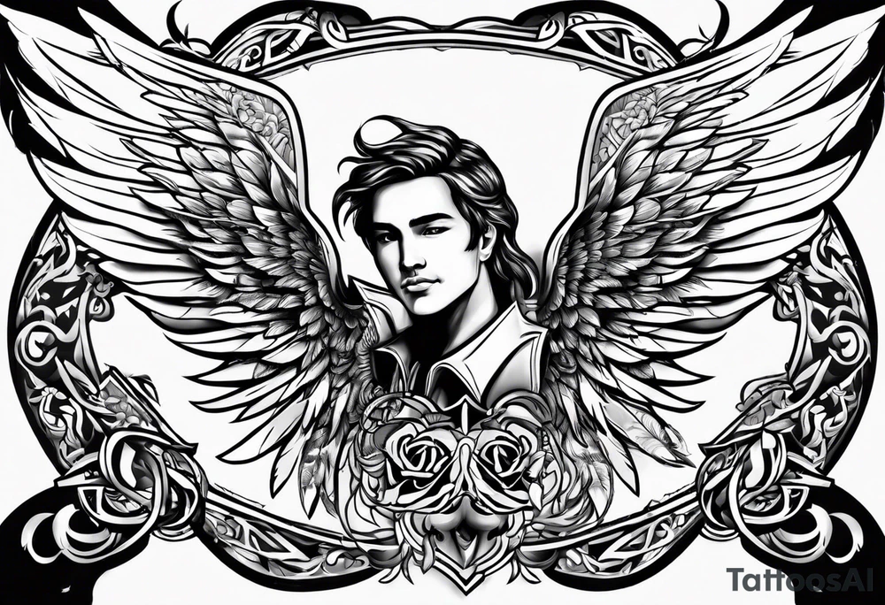 the word Glenn on a banner and angel wings tattoo idea
