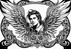 the word Glenn on a banner and angel wings tattoo idea