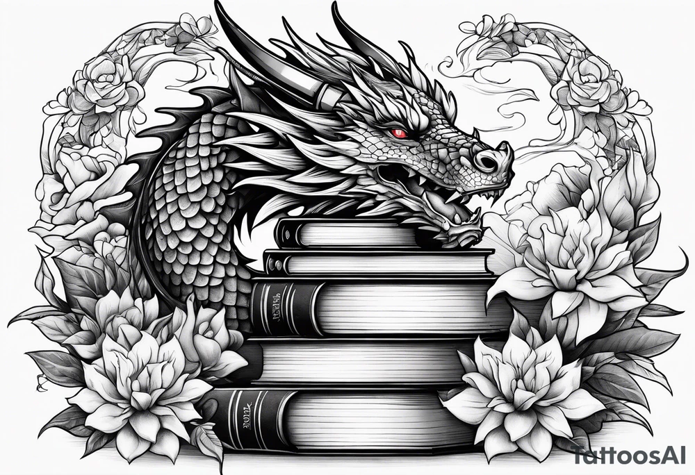 Dragon stack of books flowers tattoo idea