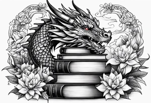 Dragon stack of books flowers tattoo idea