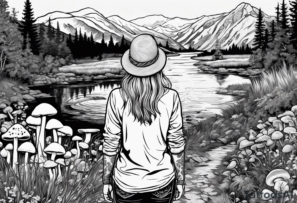 Whole picture encircled fully

Straight long blonde hair hippie girl in distance holding mushrooms in hand facing away toward mountains and creek surrounded by mushrooms long sleeve shirt and hiking pants; whole rendering within a full circle, no cut off circle tattoo idea